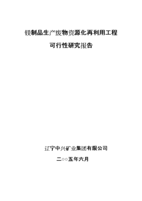 镁制品生产废物资源化再利用立项投资可行性分析研究论证报告